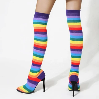 Úplne Nový Sexy Rainbow Farebné Tenké Vysoké Podpätky Ukázal Prst Strany, Ponožky, Topánky Ženy Pošmyknúť Na Sex-Appeal Nad Kolená Topánky