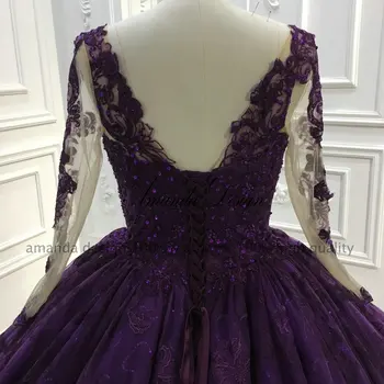 Úžasné high-end svadobné šaty purple čipky svadobné šaty dlhý vlak svadobné svadobné šaty