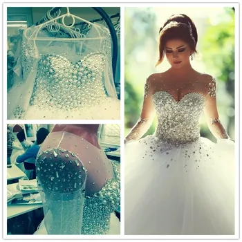 Úžasné Nové Svadobné Šaty Úplnej Rukávy Crystal Korálkové Princezná Svadobné Šaty Romantický Nevesta Šaty Vestido De Noiva