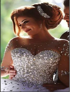 Úžasné Nové Svadobné Šaty Úplnej Rukávy Crystal Korálkové Princezná Svadobné Šaty Romantický Nevesta Šaty Vestido De Noiva