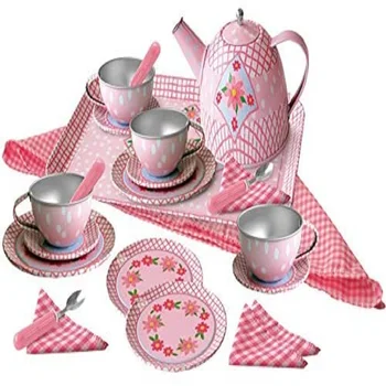 Čaj nastaviť v piknikový kôš, dievčatá čaj nastaviť, ružová prútený kôš, imitácia set kuchyne, darček k narodeninám