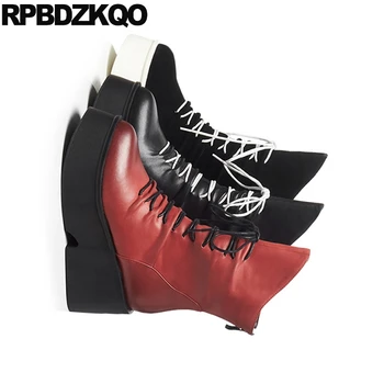 Červená Luxusné Čierne Platformy Zimné Muffin Topánky Flatform Čipky Pravej Kože Ženy, Členkové Topánky 2018 Kolo Prst Vysokej Päty Klin