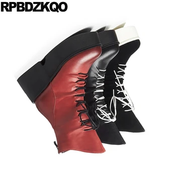 Červená Luxusné Čierne Platformy Zimné Muffin Topánky Flatform Čipky Pravej Kože Ženy, Členkové Topánky 2018 Kolo Prst Vysokej Päty Klin