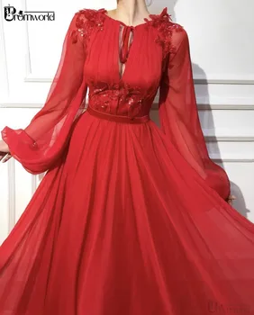 Červená Moslimských Večerné Šaty 2020-line Dlhé Rukávy Prom Šaty Šifón Čipky Dubaj Kaftan Saudskej arabčina Dlhé Večerné Party Šaty