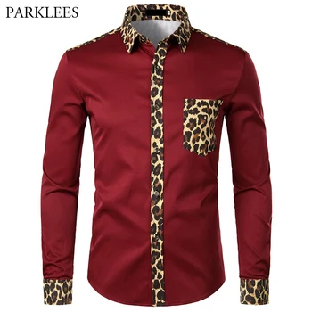 Červené Tričko Mužov Leopard Tlač Mužov, Šaty, Košele Značky Dlhý Rukáv Tlačidlo Hore Tričko Pánske Módne Bežné Slim Fit Mužov Oblečenie USA Veľkosť