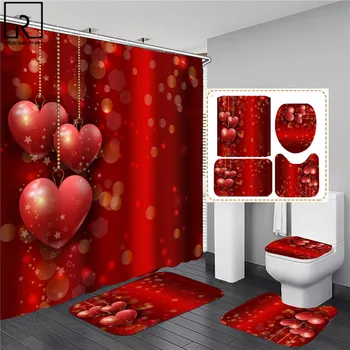 Červené Veľké Srdce Sprchový Záves Nastaviť 4pcs Kúpeľňa Záves s Háčikmi Mäkké Mat Set Kobercov a Koberčekov Romantický Valentín Domova