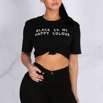 Čierna Je Moje Šťastné Farby Slogan Tlače Ženy O-Neck T Košele, Ženské Bežné Harajuku Vintage Top Tee Camisas Mujer Módne Oblečenie