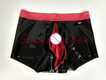 Čierna S Červenou Latex Boxerky S Penis Plášť Zips Na Prednej Gumy Bielizeň Chlapec Šortky