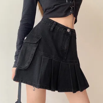 Čierna sukňa lete Harajuku gotický Punk Denim Mini Skladaná Sukňa dámske sexy Vysoký Pás Džínsy Šortky Sukne Vintage Volánikmi Klub