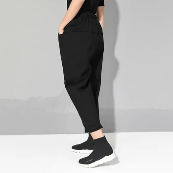 Čierna Vysoký Pás Elastickej Hárem Nohavice Ženy Vrecku Patchwork Vintage Oblečenie Voľné Bežné Nohavice Módne Jar Jeseň 2021