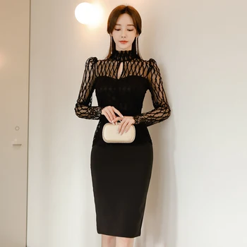 Čierna Čipka Šaty pre ženy Lete Kórea Long Sleeve Stand duté Sa sundress dámske Sexy Party Šaty Club