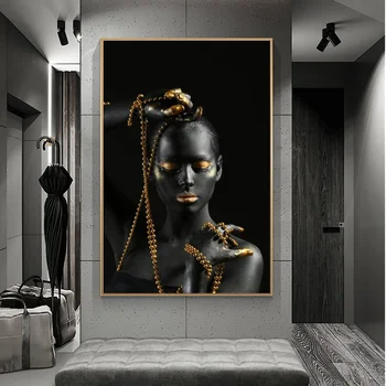 Čierna Žena Drží Zlaté Šperky Plátne, Obrazy Na Stenu, Umenie Plagáty A Vytlačí Africké Dievča Body Art Obrazy Na Stenu Dekor