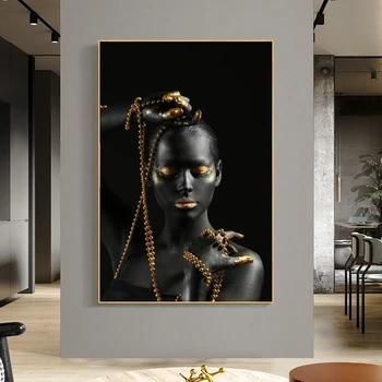Čierna Žena Drží Zlaté Šperky Plátne, Obrazy Na Stenu, Umenie Plagáty A Vytlačí Africké Dievča Body Art Obrazy Na Stenu Dekor