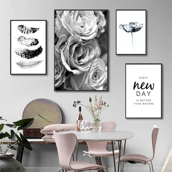 Čierne a Biele Steny Umenie Ruže Kvet Plátno na Maľovanie Pierko Citát Plagáty a Vytlačí Minimalistické Obrázky pre Obývacia Izba Dekor