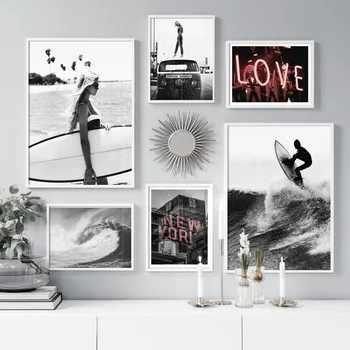 Čierne Biele Dievča, Surfovanie Vlny New York Wall Art Plátno Na Maľovanie Nordic Plagáty A Potlačou Obrazov Na Stenu Pre Obývacia Izba Dekor