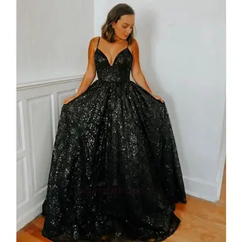 Čierne Dlhé Formálne Strany Žien Večerné Šaty 2020 Sexy tvaru Špagety Popruhy Prom Šaty Sequined vestido de fiesta de noche