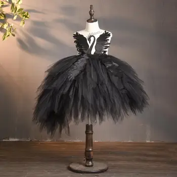 Čierny Kvet Dievča Večerné Šaty Crystal Swan Tylu Princezná Sprievod Svadobné Šaty Deti Narodeninovej Party Šaty Vestidos L443