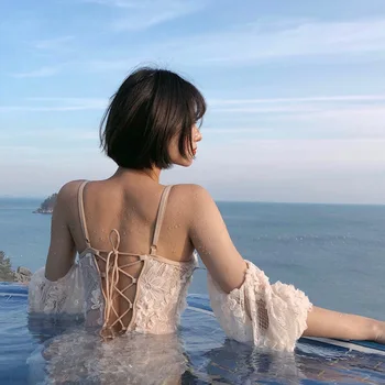 Čipky Oka Kvetinové Výšivky Japonskom Štýle Telo Vyhovovali Ženy Kombinézach Remienky Obväz Sexy Backless Plavky, Letné Beach Kombinézach