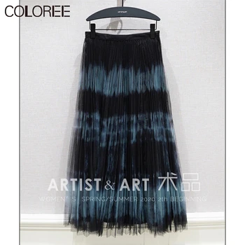 Čistý Hodváb Podšívka Žena Sukne 2020 Vintage Blue Vytlačené Oka Skladaný Dlhú Sukňu Značky a Návrhári sukne dámske 2020