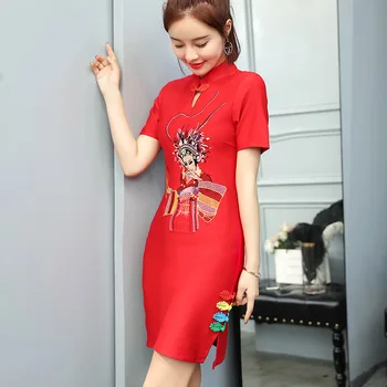 Čínske Červené Qipao Nové Tlačené Ženy Sexy Stojan golier Split Cheongsam Žena Lepšiu Ručné Tlačidlo Mandarin Golier Šaty