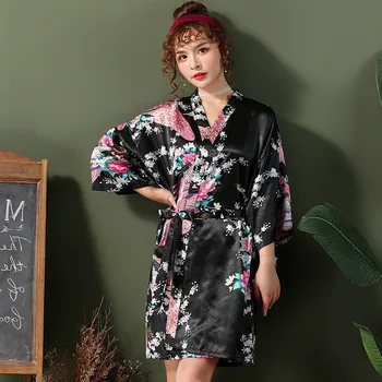 Čínske Červené Ženy Župan Sexy Voľné Svadobné Rúcho Bežné Salónik Sleepwear Kimono Šaty Tlač Páva tvaru Mini Domov Oblečenie