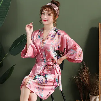 Čínske Červené Ženy Župan Sexy Voľné Svadobné Rúcho Bežné Salónik Sleepwear Kimono Šaty Tlač Páva tvaru Mini Domov Oblečenie