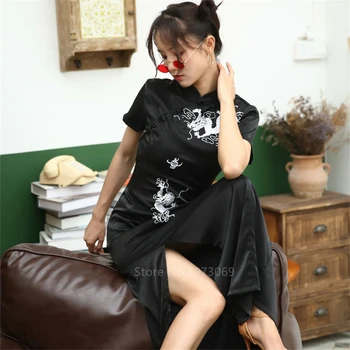 Čínske Šaty Emboridery Dragon Qipao Vintage Večierok Vestido Dlhé Šaty, Cheongsam Tradičné pre Ženy Čierne Sexy Gotický