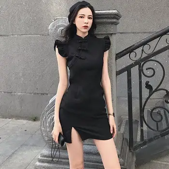 Čínsky Letné Krátke Cheongsam Šaty Split Ženy Tradičné Oblečenie Lietania Rukáv Gotický Sexy Party Qipao Retro Šaty