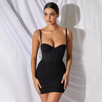 Šifrovacie Módy Oka Ruched Mini Šaty Bez Rukávov Party Night Club 2021 Letné Šaty Sexy Backless Šaty Vidieť Cez