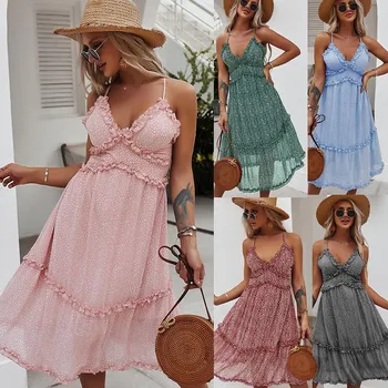 Šifón Ruffles Beach boho vintage šaty bez Rukávov pre ženy tvaru Sexy vytlačené midi Party šaty žien vestidos šaty Letné