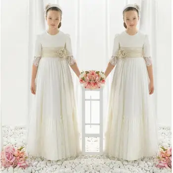 Šifón Čipky Polovičný Rukáv prvé sväté prijímanie šaty pre dievčatá Kvetina Dievča Šaty na svadby Dievčatá sprievod Narodeniny šaty