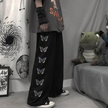 širokú nohu gotický punk čierne nohavice ženy motýľ tlače spodnej pár rovno voľné prikryť tmavé ulice bežné nohavice letné