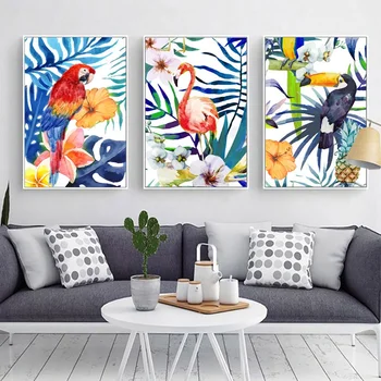 Škandinávsky Domova Cuadros Plagát A Tlač Akvarel Plátno Na Maľovanie Papagáj Flamingo Modulárny Nordic Wall Art Obrázok