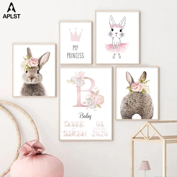 Škôlky Zvierat Plagát Vlastné Osobné Baby Detský Názov Narodeniny Plátno Na Maľovanie Ružový Kvet Králik Bunny Obrázok, Spálňa Decor