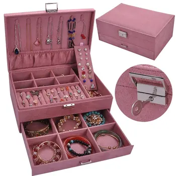 Šperky Náradie Kožený Box Pre Náušnice Krúžky Skladovanie Šperky A Kozmetiku Beauty Case 2 Vrstvy Veľkú Kapacitu, So Zámkom