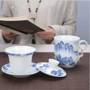 Štyri Sady Keramických Filtrované Čaj, Poháre, Šálky Čaju a Pitie Šálky Dom Dekor Gaiwan Miestnosti Dekorácie Modrého Porcelánu