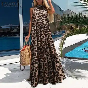 Štýlové Letné Maxi Šaty ZANZEA Žien Sexy Leopard Tlač Sundress Okolo Rukávov Pláži Prehrabať Dlho Vestido Župan Plus Size7