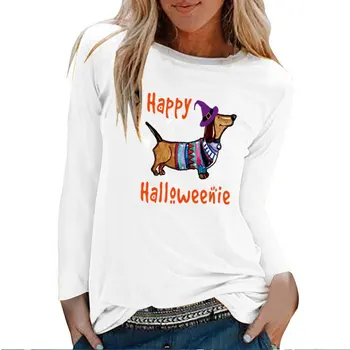 Šťastný Halloween Jazvečík Tlač Dlhý Rukáv T-shirts Ženy Jeseň Zima Graphic Tee Fashion White Posádky Krku Dámy Top Žena