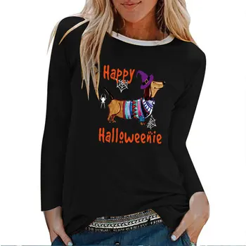 Šťastný Halloween Jazvečík Tlač Dlhý Rukáv T-shirts Ženy Jeseň Zima Graphic Tee Fashion White Posádky Krku Dámy Top Žena