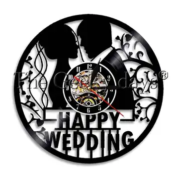 Šťastný Svadobný Vinyl Nástenné Hodiny Farebné Meniace Nástenné svietidlo Na Výročie Svadby Manželstva LED Visí Lampa Darček