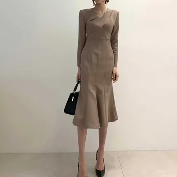 Žena Jednodielne Šaty Dlhý Rukáv Kórejský 2020 Jar Jeseň Ročníka Rozstrapatené Fishtail Taška Hip Šaty Dámske Francúzsky Elegantné Šaty