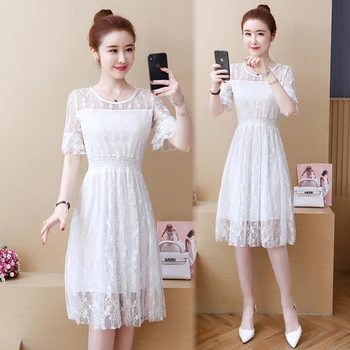 Žena Lete Kórejský Biele Elegantné Šaty Bežné Flarre Rukáv Elegantné Letné Šaty Módne Patchwork Stručný Čipky Šaty