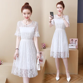 Žena Lete Kórejský Biele Elegantné Šaty Bežné Flarre Rukáv Elegantné Letné Šaty Módne Patchwork Stručný Čipky Šaty