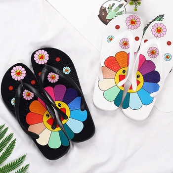 Žena Lete Pošmyknúť Na Ploché Papuče Ženy Sun Flower Plážové Sandále Žena Krytý Flip Flops Dámy Topánky Platformu Nové 2020