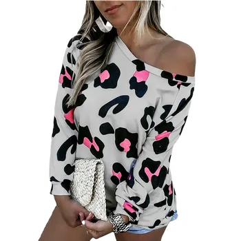 Žena Tričko Top Tee Tričko Femme Ženy Fashoin Dlhý Rukáv Leopard Tlač Jeseň Jar T-shirt Streetwear Camisetas Mujer 2021