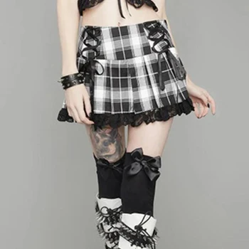 Žena y2k Sukne Mall Goth Kawaii Gotický Harajuku y2k Oblečenie Čipky Obväz e dievča Punk Sexy Mini Čierny Kockovaný Skladaný Goth Sukne