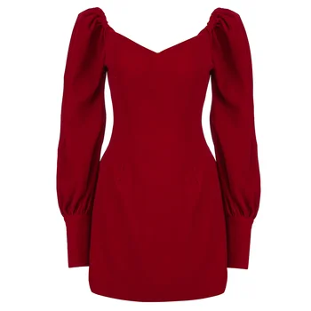 Žena Šaty 2021 Nové Jarné Červené Zamatové Šaty, Sexy Námestie Krk Dlhý Rukáv Prehrabať Mini Šaty Módne Celebrity Strany vestidos
