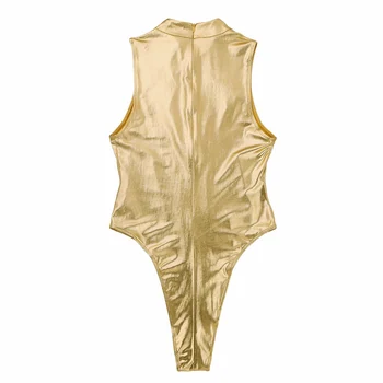 Ženské Crotchless Plavky jednodielne Wetlook Kožené Plavky Turtleneck Otvorené Poprsie Teddy Kombinézu plavky Oblečenie