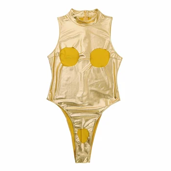 Ženské Crotchless Plavky jednodielne Wetlook Kožené Plavky Turtleneck Otvorené Poprsie Teddy Kombinézu plavky Oblečenie