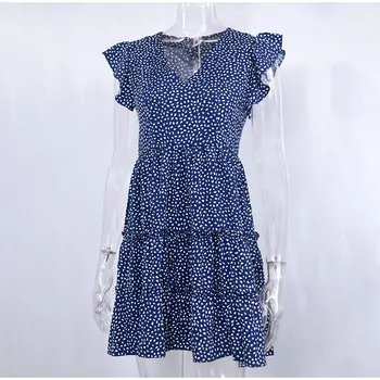 Ženské Dot Prehrabať Vysoký Pás na Zápästie Mini Šaty tvaru Žena Krátke Šaty 2020 Letné Módy Boho Plážové Šaty Dámske Vestidos